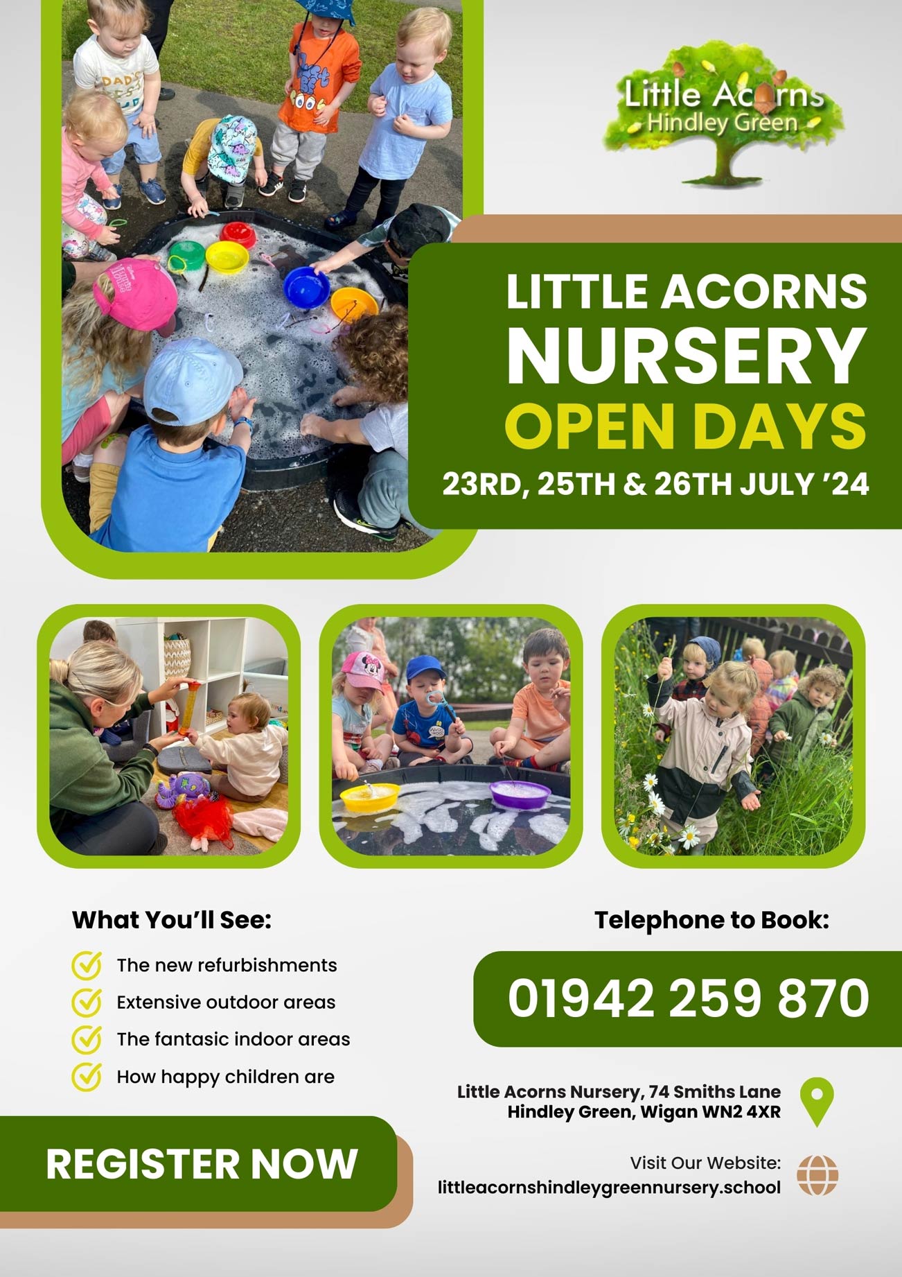 Poster for Little Acorns Nursery open days in July 2024.